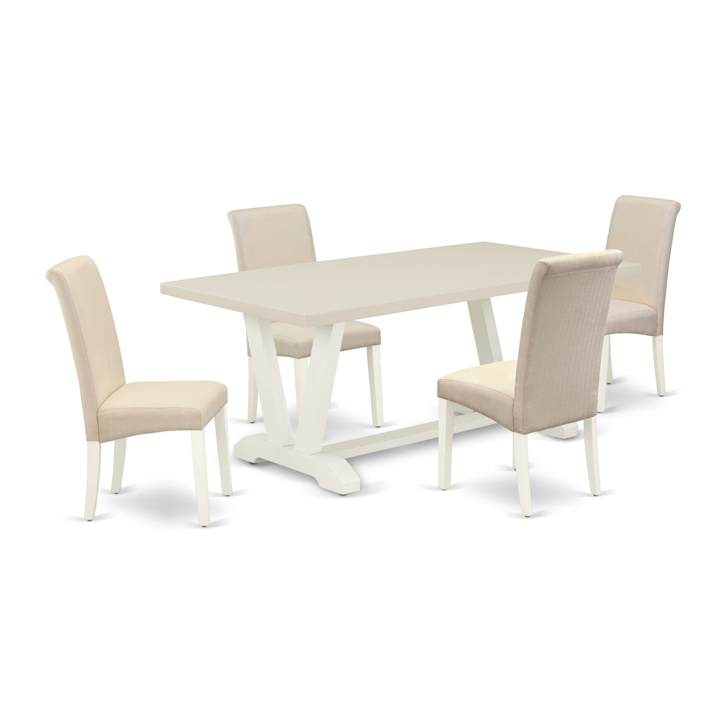 East West Furniture V027BA201-5 5 Piece Dining Room Furniture Set Includes a Rectangle Dining Table with V-Legs and 4 Cream Linen Fabric Upholstered Chairs, 40x72 Inch, Multi-Color