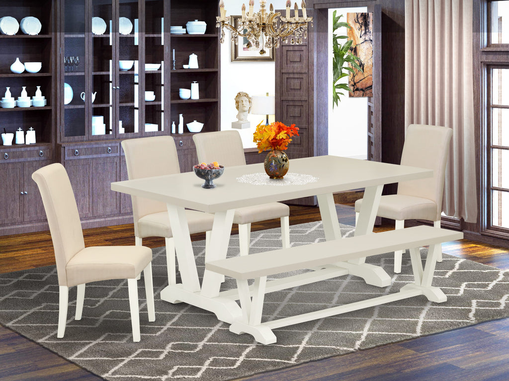 East West Furniture V027BA201-6 6 Piece Dining Set Contains a Rectangle Dining Room Table with V-Legs and 4 Cream Linen Fabric Parson Chairs with a Bench, 40x72 Inch, Multi-Color