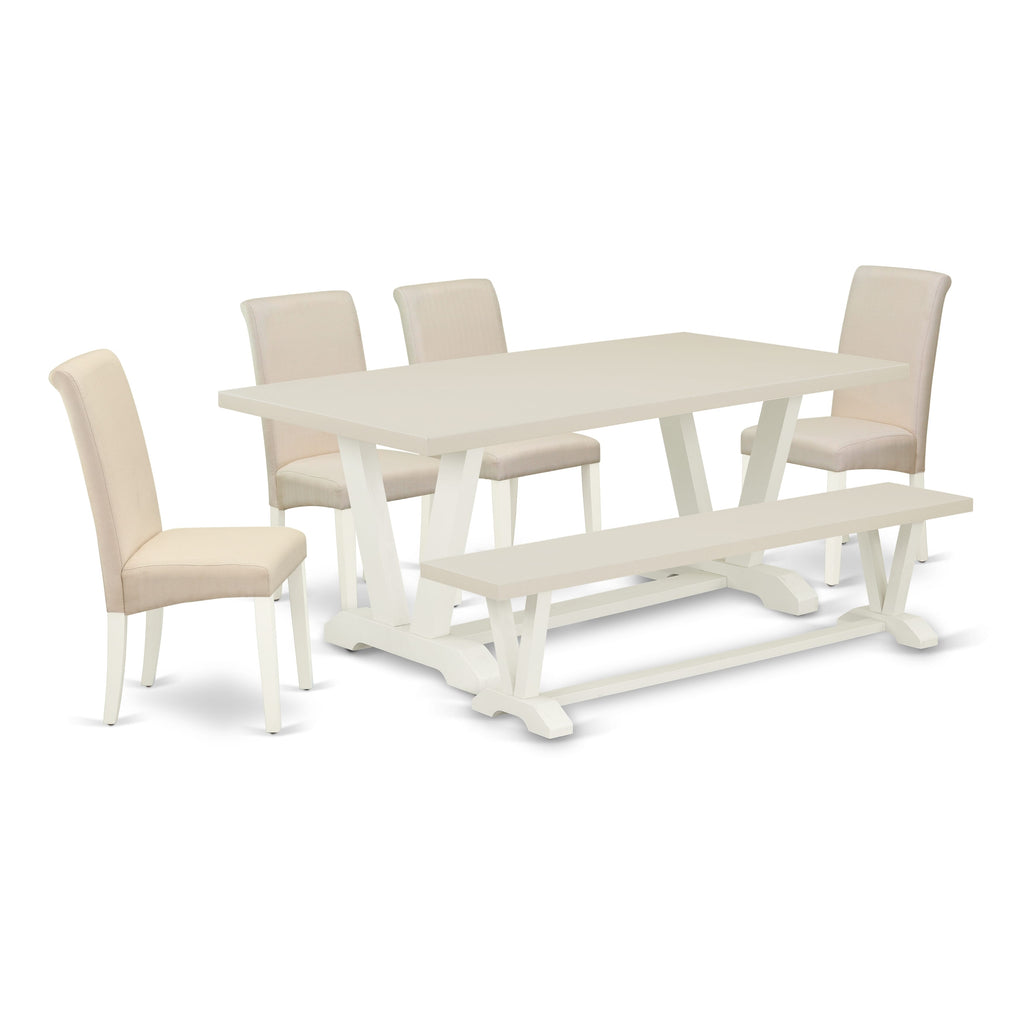 East West Furniture V027BA201-6 6 Piece Dining Set Contains a Rectangle Dining Room Table with V-Legs and 4 Cream Linen Fabric Parson Chairs with a Bench, 40x72 Inch, Multi-Color