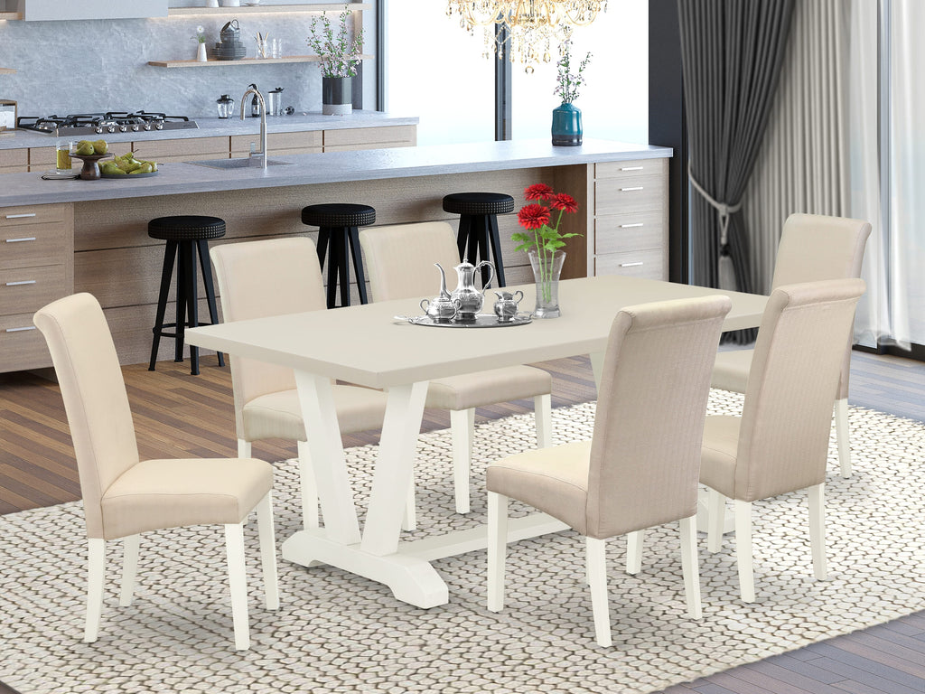 East West Furniture V027BA201-7 7 Piece Modern Dining Table Set Consist of a Rectangle Dining Room Table with V-Legs and 6 Cream Linen Fabric Parsons Chairs, 40x72 Inch, Multi-Color