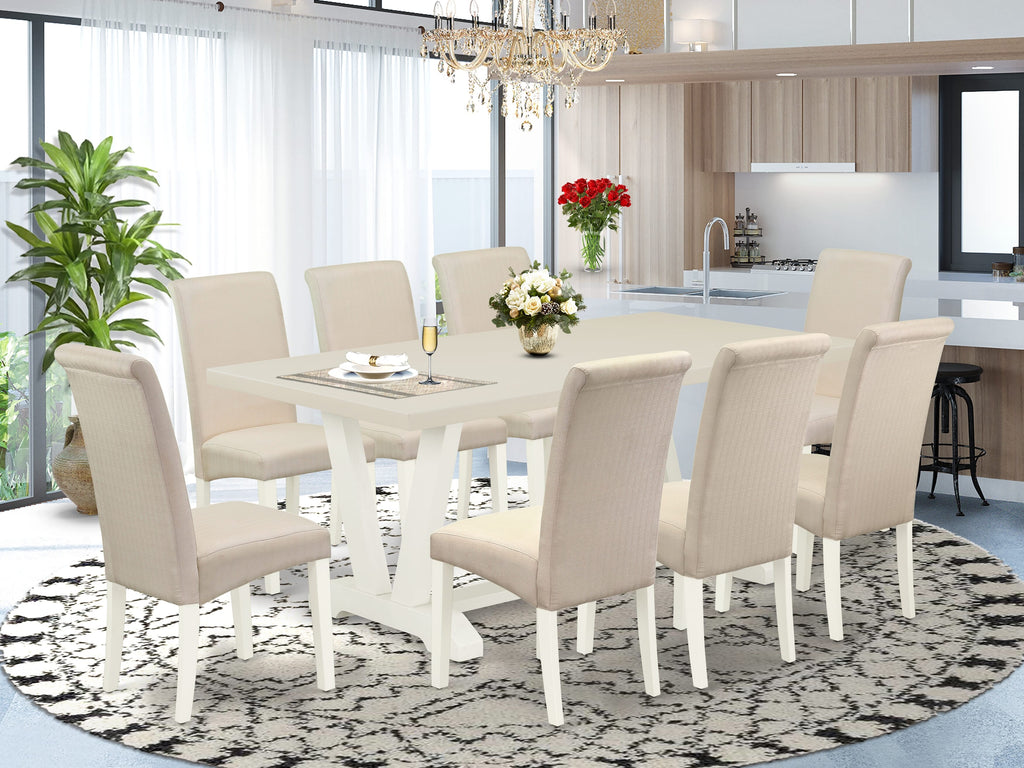 East West Furniture V027BA201-9 9 Piece Kitchen Table & Chairs Set Includes a Rectangle Dining Table with V-Legs and 8 Cream Linen Fabric Parson Dining Chairs, 40x72 Inch, Multi-Color