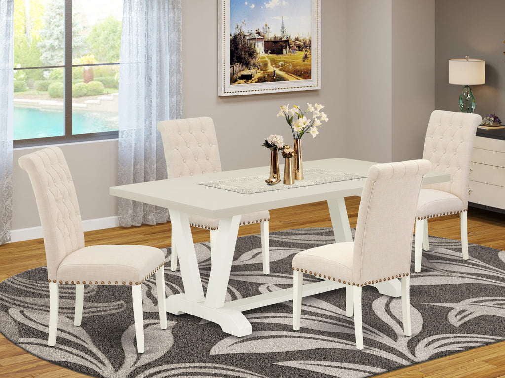 East West Furniture V027BR202-5 5 Piece Kitchen Table Set for 4 Includes a Rectangle Dining Room Table with V-Legs and 4 Light Beige Linen Fabric Parsons Chairs, 40x72 Inch, Multi-Color