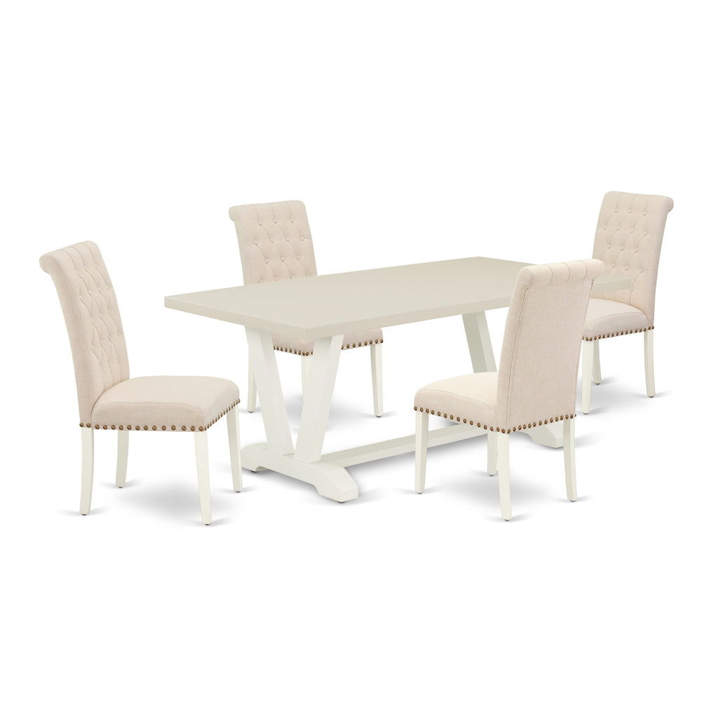 East West Furniture V027BR202-5 5 Piece Kitchen Table Set for 4 Includes a Rectangle Dining Room Table with V-Legs and 4 Light Beige Linen Fabric Parsons Chairs, 40x72 Inch, Multi-Color