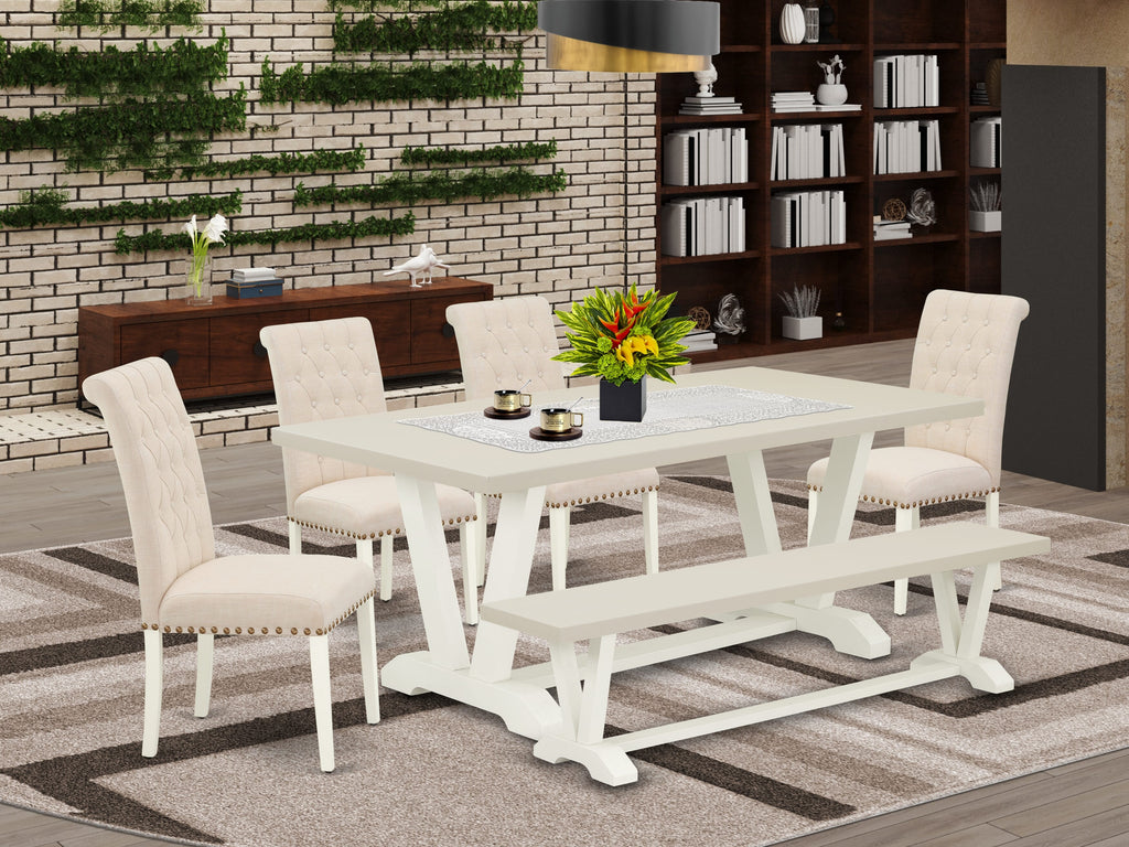 East West Furniture V027BR202-6 6 Piece Dining Table Set Contains a Rectangle Dining Room Table and 4 Light Beige Linen Fabric Parson Chairs with a Bench, 40x72 Inch, Multi-Color