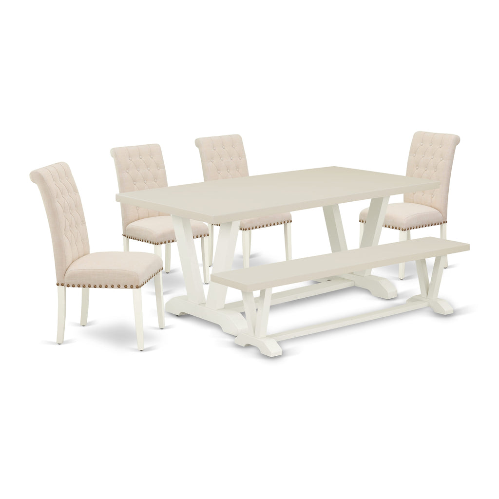East West Furniture V027BR202-6 6 Piece Dining Table Set Contains a Rectangle Dining Room Table and 4 Light Beige Linen Fabric Parson Chairs with a Bench, 40x72 Inch, Multi-Color