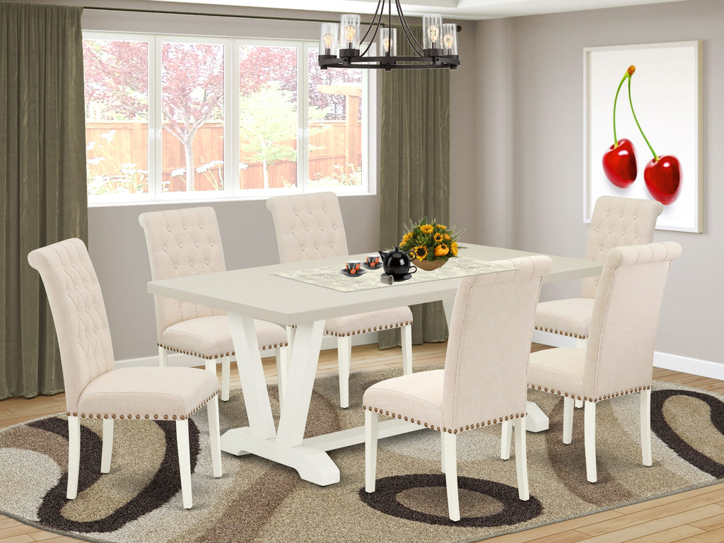 East West Furniture V027BR202-7 7 Piece Dining Room Furniture Set Consist of a Rectangle Dining Table with V-Legs and 6 Light Beige Linen Fabric Parsons Chairs, 40x72 Inch, Multi-Color