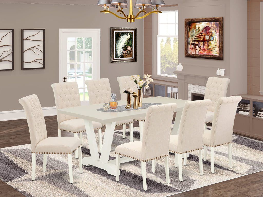 East West Furniture V027BR202-9 9 Piece Dining Set Includes a Rectangle Dining Room Table with V-Legs and 8 Light Beige Linen Fabric Upholstered Parson Chairs, 40x72 Inch, Multi-Color