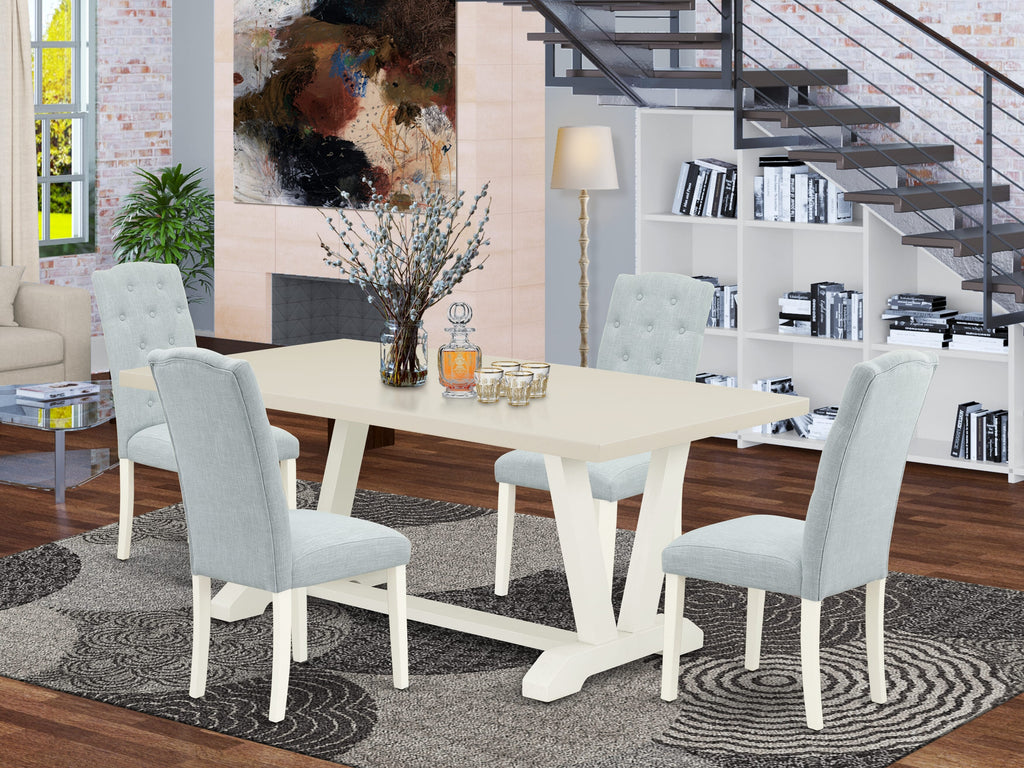 East West Furniture V027CE215-5 5 Piece Dining Room Furniture Set Includes a Rectangle Dining Table with V-Legs and 4 Baby Blue Linen Fabric Upholstered Chairs, 40x72 Inch, Multi-Color