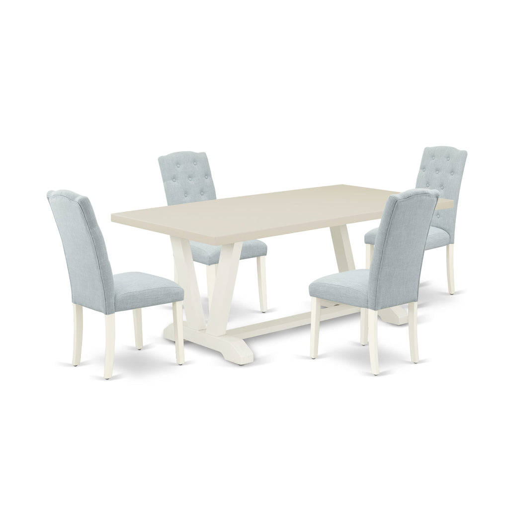 East West Furniture V027CE215-5 5 Piece Dining Room Furniture Set Includes a Rectangle Dining Table with V-Legs and 4 Baby Blue Linen Fabric Upholstered Chairs, 40x72 Inch, Multi-Color