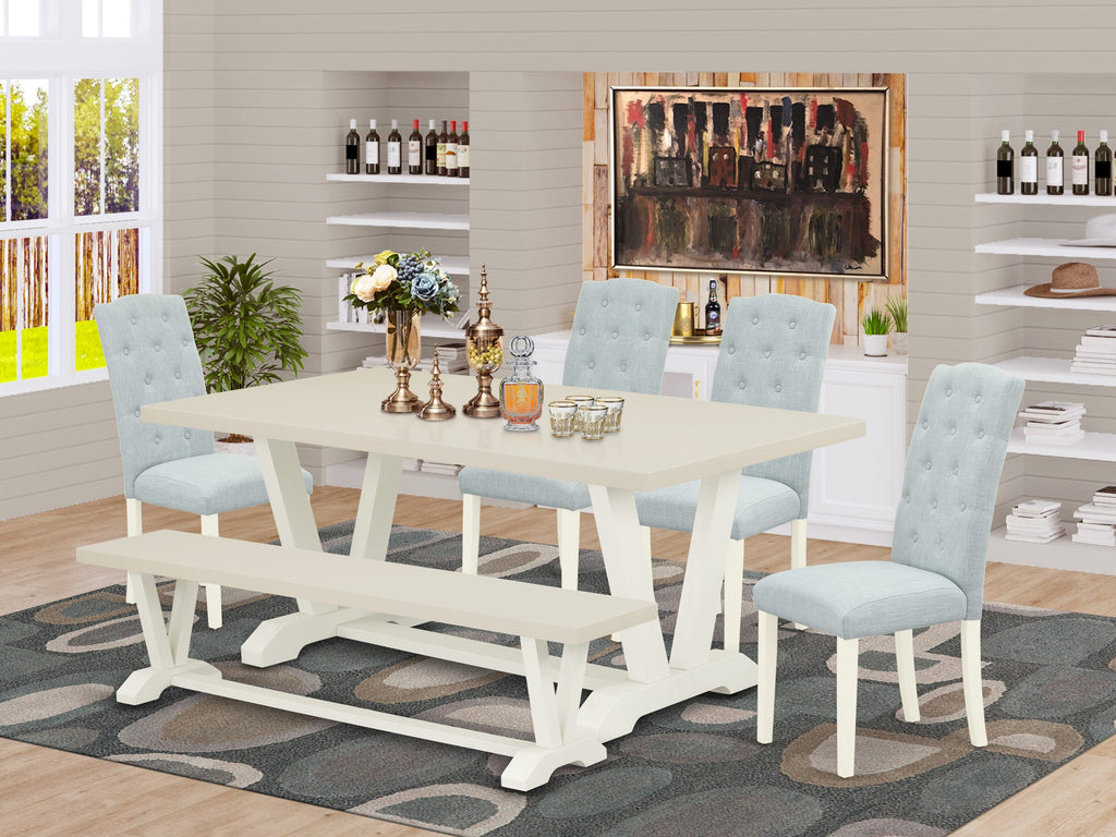 East West Furniture V027CE215-6 6 Piece Dining Room Table Set Contains a Rectangle Kitchen Table with V-Legs and 4 Baby Blue Linen Fabric Parson Chairs with a Bench, 40x72 Inch, Multi-Color