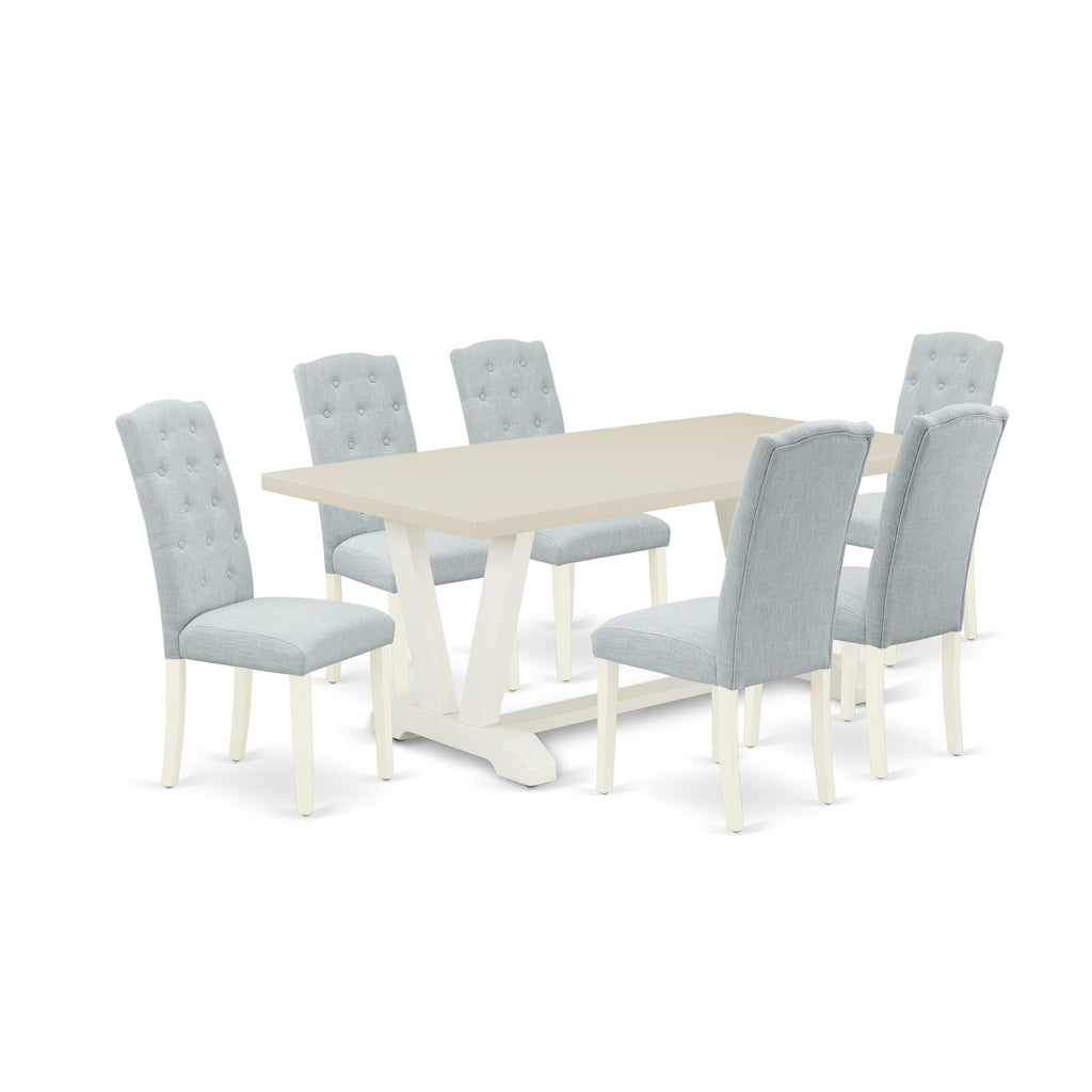 East West Furniture V027CE215-7 7 Piece Dining Room Table Set Consist of a Rectangle Kitchen Table with V-Legs and 6 Baby Blue Linen Fabric Parsons Dining Chairs, 40x72 Inch, Multi-Color