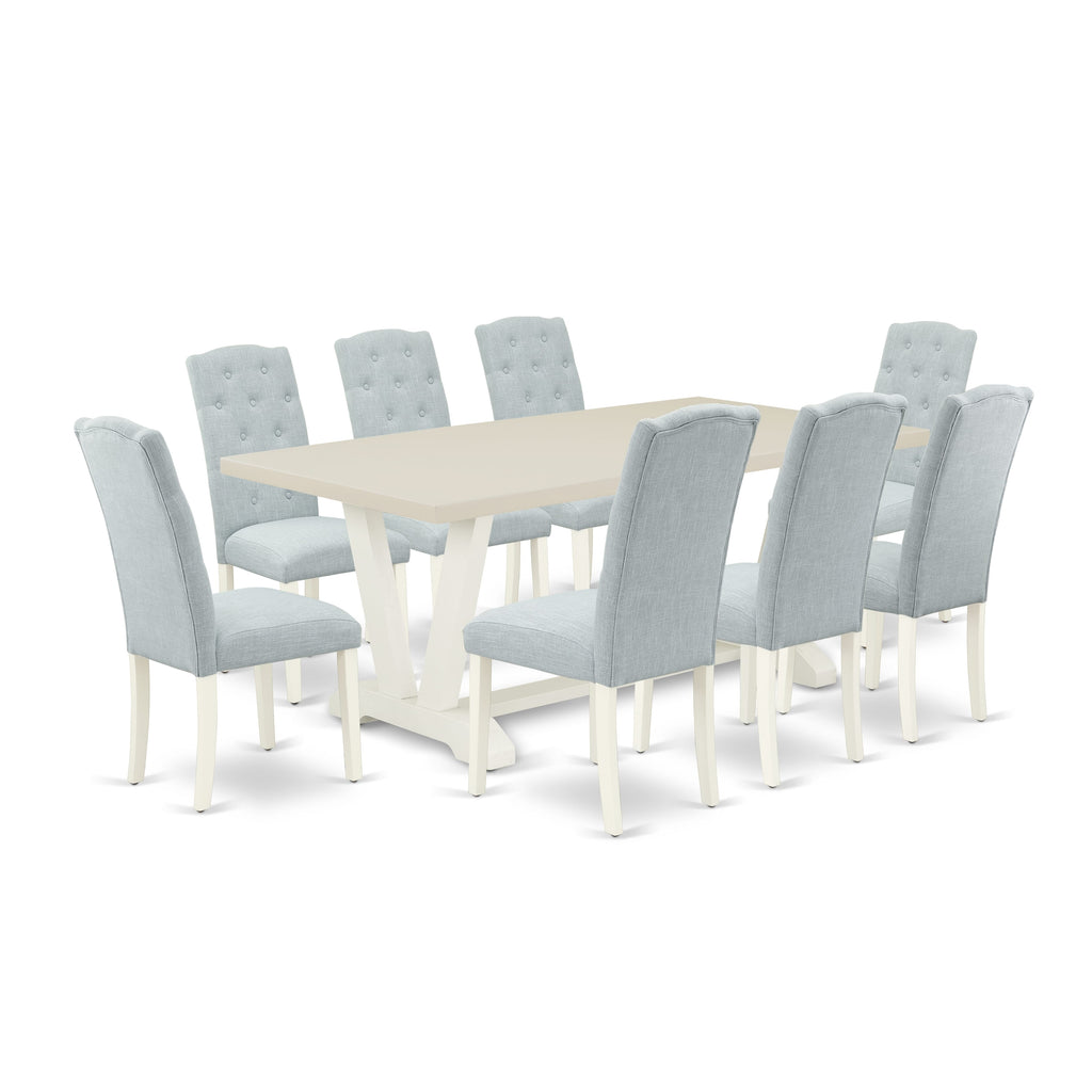 East West Furniture V027CE215-9 9 Piece Dining Table Set Includes a Rectangle Dining Room Table with V-Legs and 8 Baby Blue Linen Fabric Upholstered Chairs, 40x72 Inch, Multi-Color