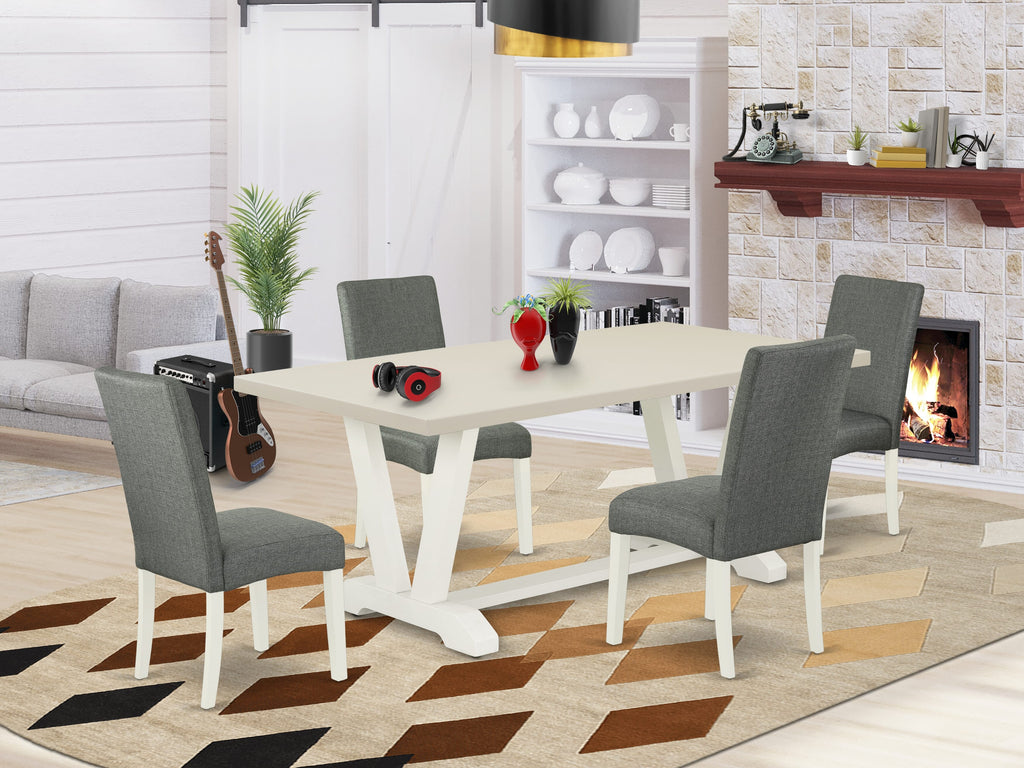 East West Furniture V027DR207-5 5 Piece Dining Room Furniture Set Includes a Rectangle Dining Table with V-Legs and 4 Gray Linen Fabric Upholstered Parson Chairs, 40x72 Inch, Multi-Color