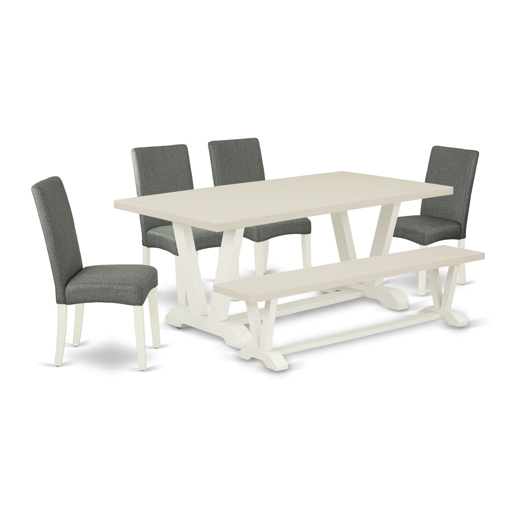 East West Furniture V027DR207-6 6 Piece Dining Set Contains a Rectangle Dining Room Table with V-Legs and 4 Gray Linen Fabric Parson Chairs with a Bench, 40x72 Inch, Multi-Color