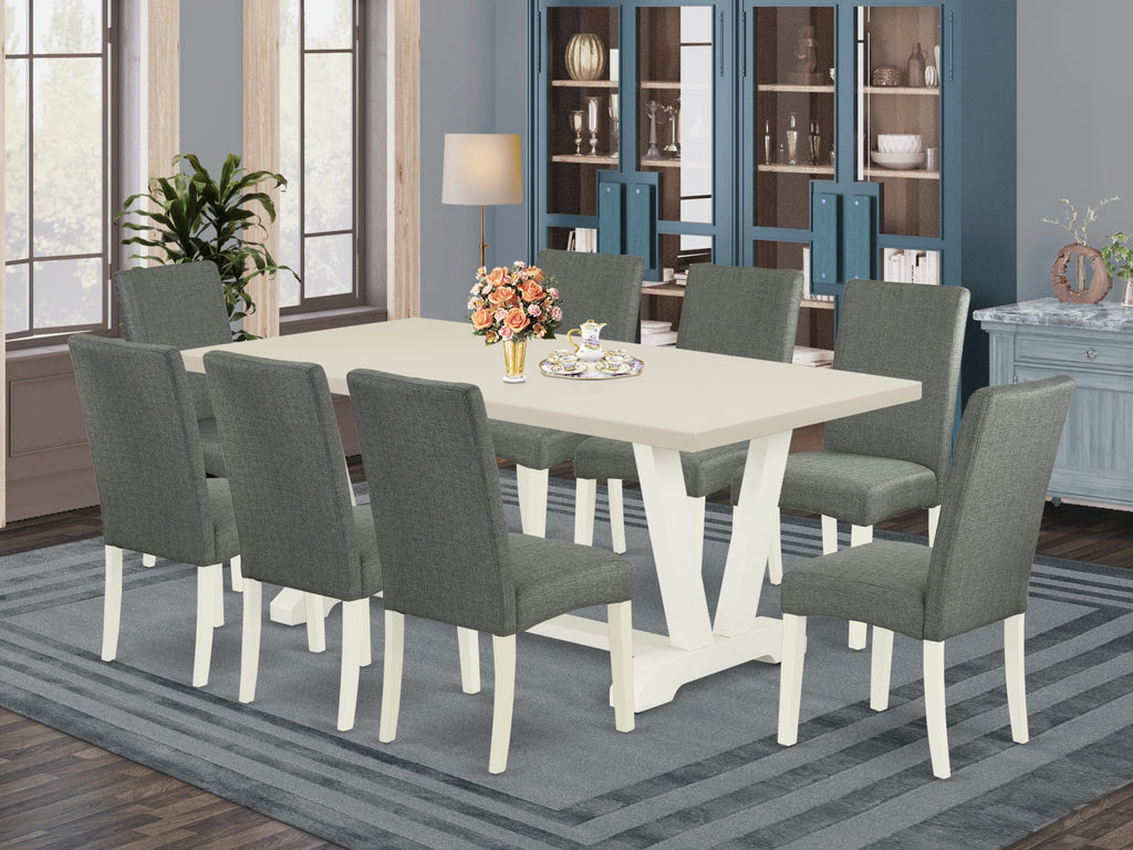 East West Furniture V027DR207-9 9 Piece Modern Dining Table Set Includes a Rectangle Dining Room Table with V-Legs and 8 Gray Linen Fabric Upholstered Chairs, 40x72 Inch, Multi-Color