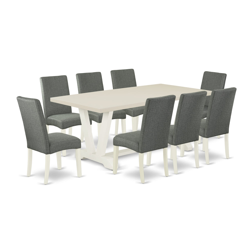 East West Furniture V027DR207-9 9 Piece Modern Dining Table Set Includes a Rectangle Dining Room Table with V-Legs and 8 Gray Linen Fabric Upholstered Chairs, 40x72 Inch, Multi-Color