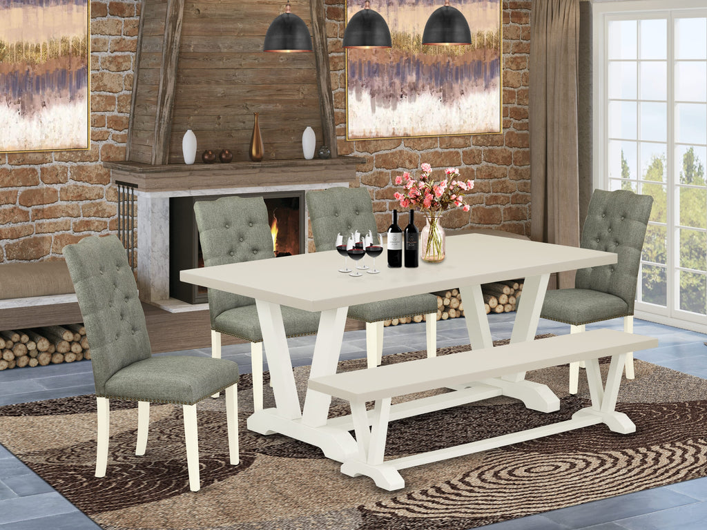 East West Furniture V027EL207-6 6 Piece Modern Dining Table Set Contains a Rectangle Wooden Table with V-Legs and 4 Gray Linen Fabric Parson Chairs with a Bench, 40x72 Inch, Multi-Color