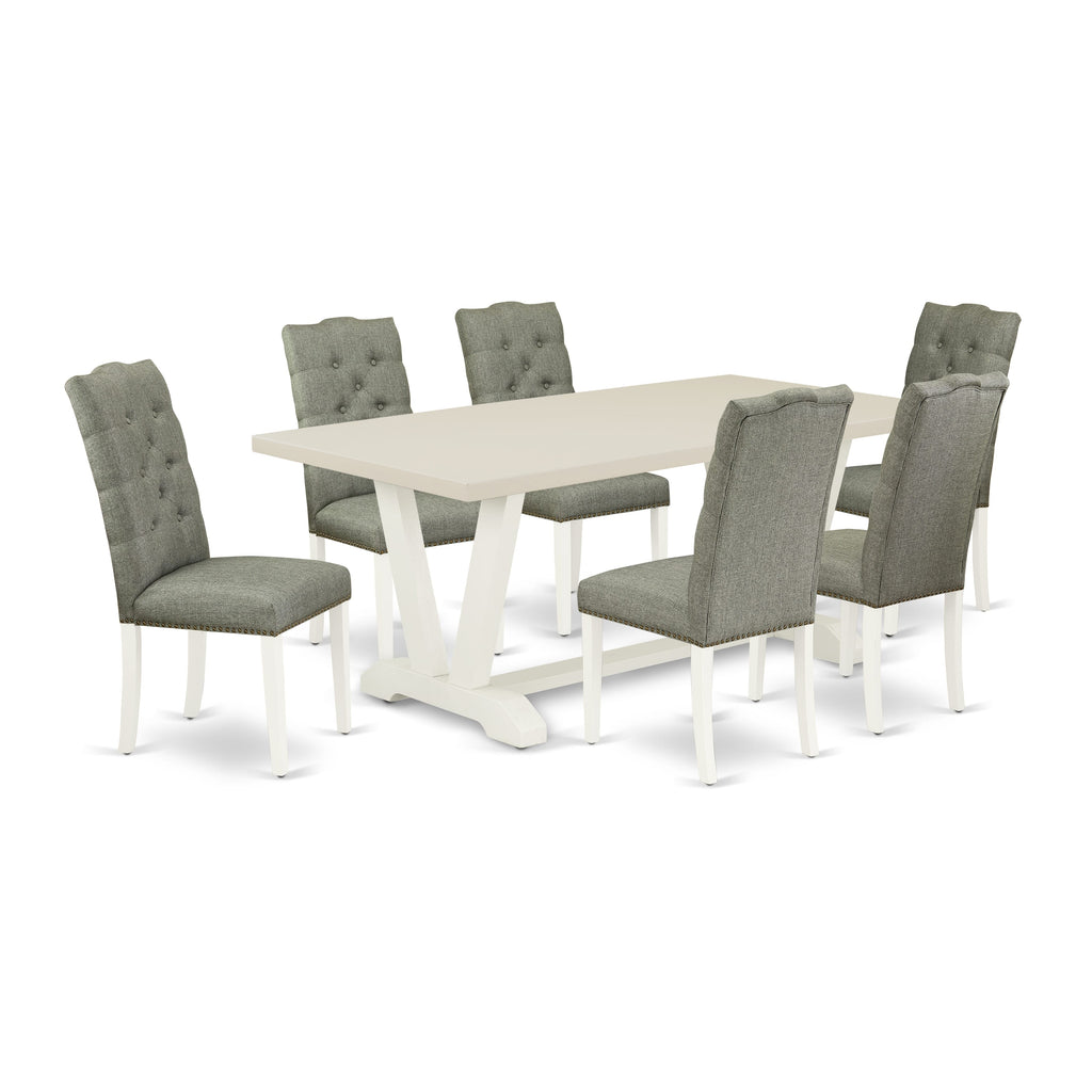 East West Furniture V027EL207-7 7 Piece Dining Room Table Set Consist of a Rectangle Kitchen Table with V-Legs and 6 Gray Linen Fabric Parsons Dining Chairs, 40x72 Inch, Multi-Color