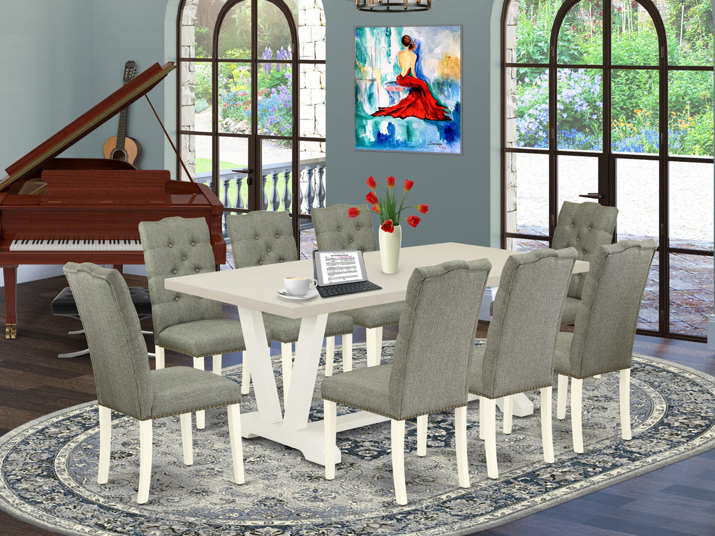 East West Furniture V027EL207-9 9 Piece Dining Room Set Includes a Rectangle Kitchen Table with V-Legs and 8 Gray Linen Fabric Upholstered Parson Chairs, 40x72 Inch, Multi-Color