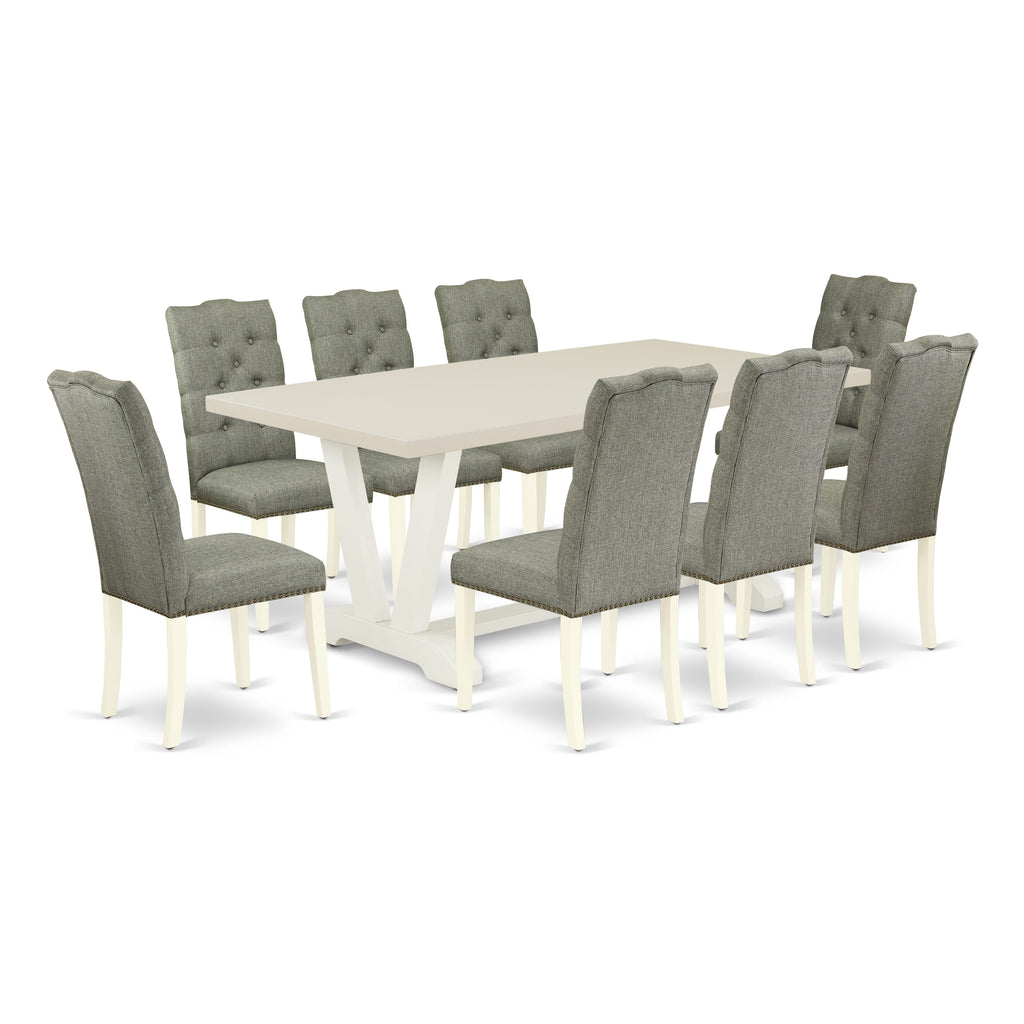 East West Furniture V027EL207-9 9 Piece Dining Room Set Includes a Rectangle Kitchen Table with V-Legs and 8 Gray Linen Fabric Upholstered Parson Chairs, 40x72 Inch, Multi-Color