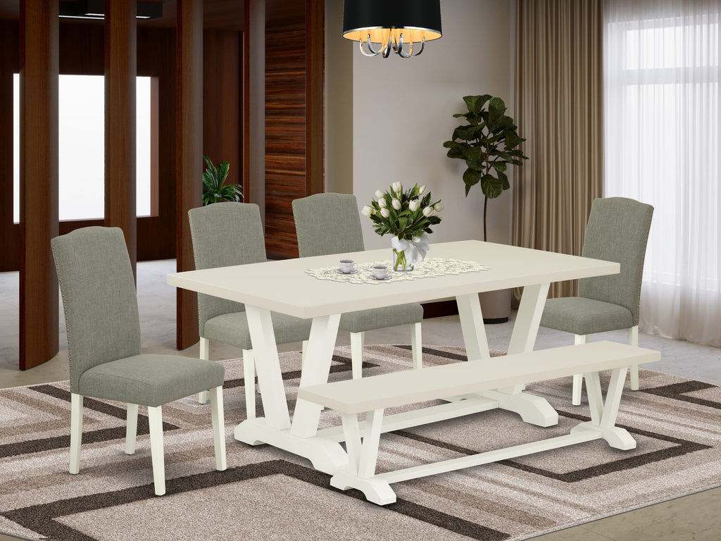 East West Furniture V027EN206-6 6 Piece Kitchen Table Set Contains a Rectangle Dining Table with V-Legs and 4 Dark Shitake Linen Fabric Parson Chairs with a Bench, 40x72 Inch, Multi-Color