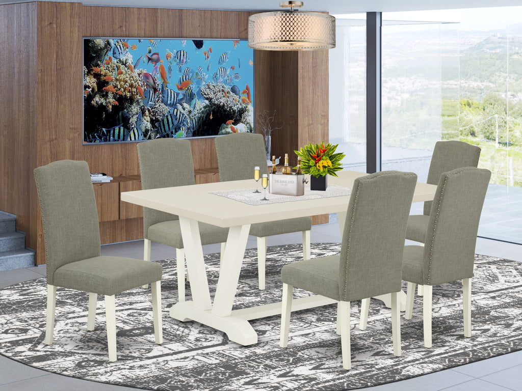 East West Furniture V027EN206-7 7 Piece Dining Table Set Consist of a Rectangle Kitchen Table with V-Legs and 6 Dark Shitake Linen Fabric Parson Dining Chairs, 40x72 Inch, Multi-Color