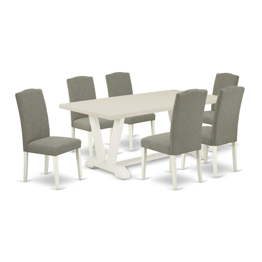 East West Furniture V027EN206-7 7 Piece Dining Table Set Consist of a Rectangle Kitchen Table with V-Legs and 6 Dark Shitake Linen Fabric Parson Dining Chairs, 40x72 Inch, Multi-Color