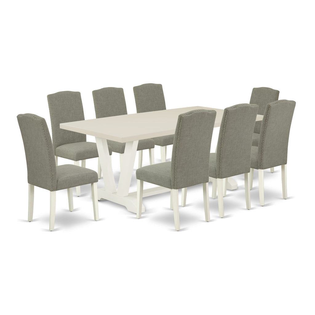 East West Furniture V027EN206-9 9 Piece Dining Room Set Includes a Rectangle Kitchen Table with V-Legs and 8 Dark Shitake Linen Fabric Upholstered Chairs, 40x72 Inch, Multi-Color