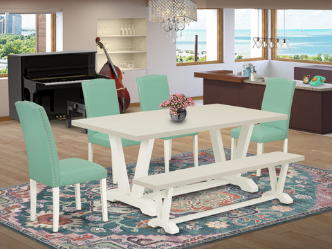 V027EN257-6 6Pc Dining Room Set - 40x72" Rectangular Table, 4 Parson Dining Chairs and a Bench - Wirebrushed Linen White Color