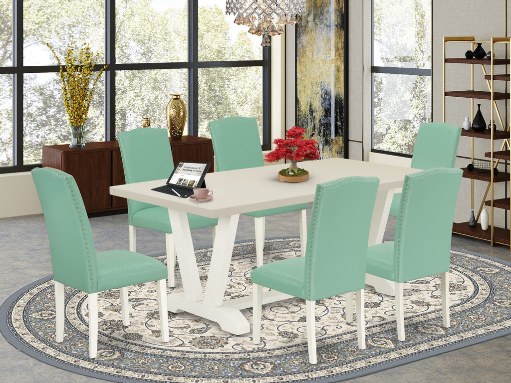 V027EN257-7 7Pc Dining Room Set - 40x72" Rectangular Table and 6 Parson Dining Chairs - Wirebrushed Linen White Color