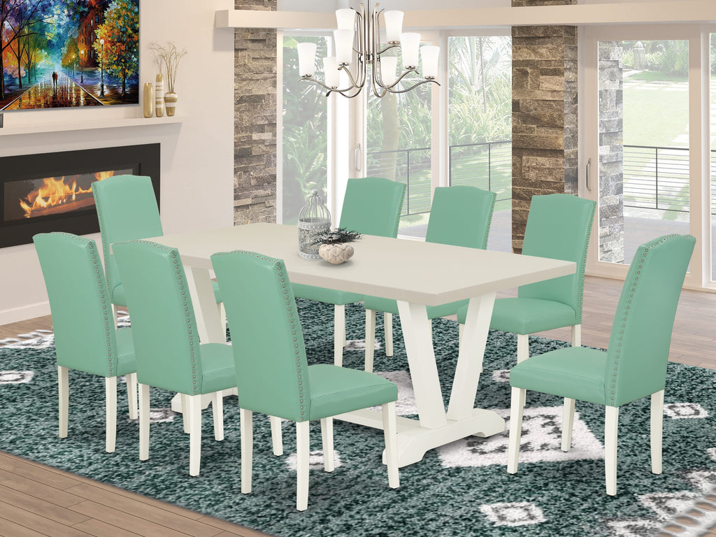 V027EN257-9 9Pc Dining Room Set - 40x72" Rectangular Table and 8 Parson Dining Chairs - Wirebrushed Linen White Color