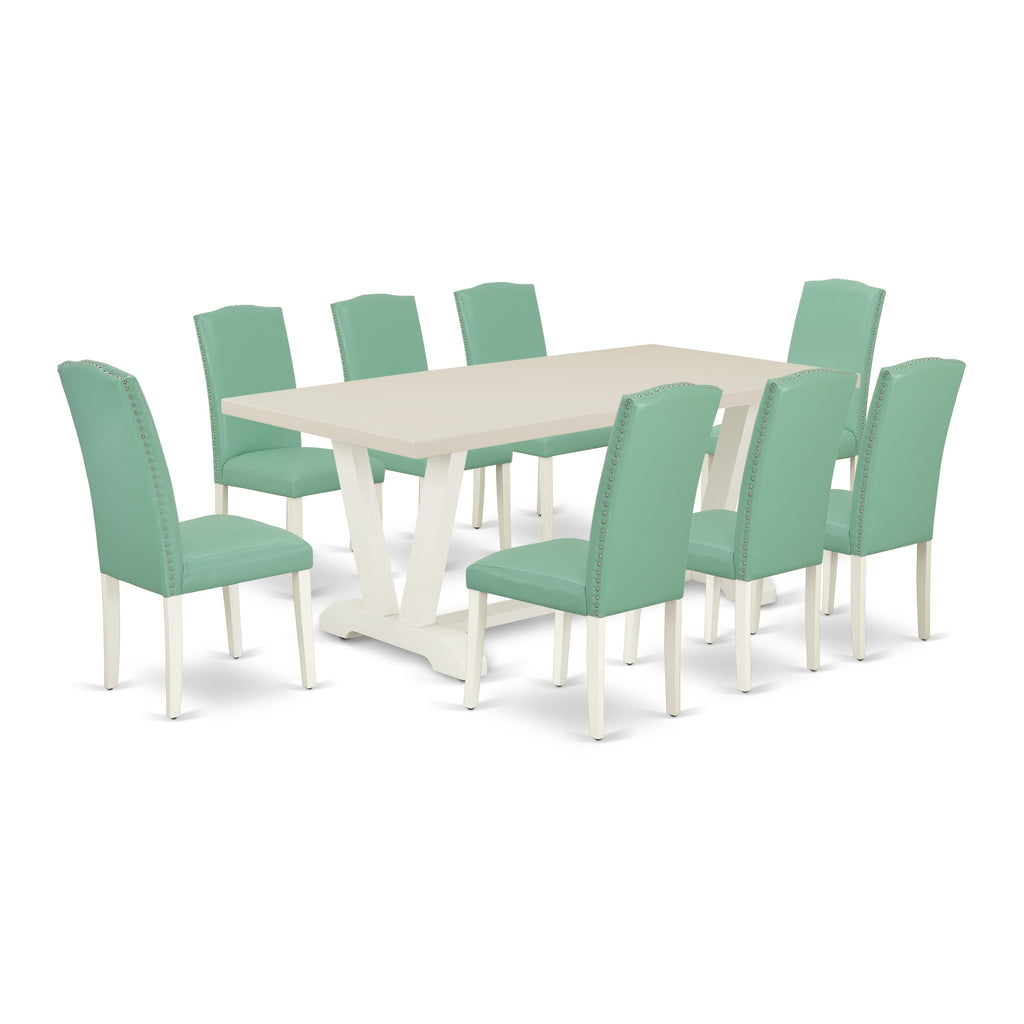 V027EN257-9 9Pc Dining Room Set - 40x72" Rectangular Table and 8 Parson Dining Chairs - Wirebrushed Linen White Color