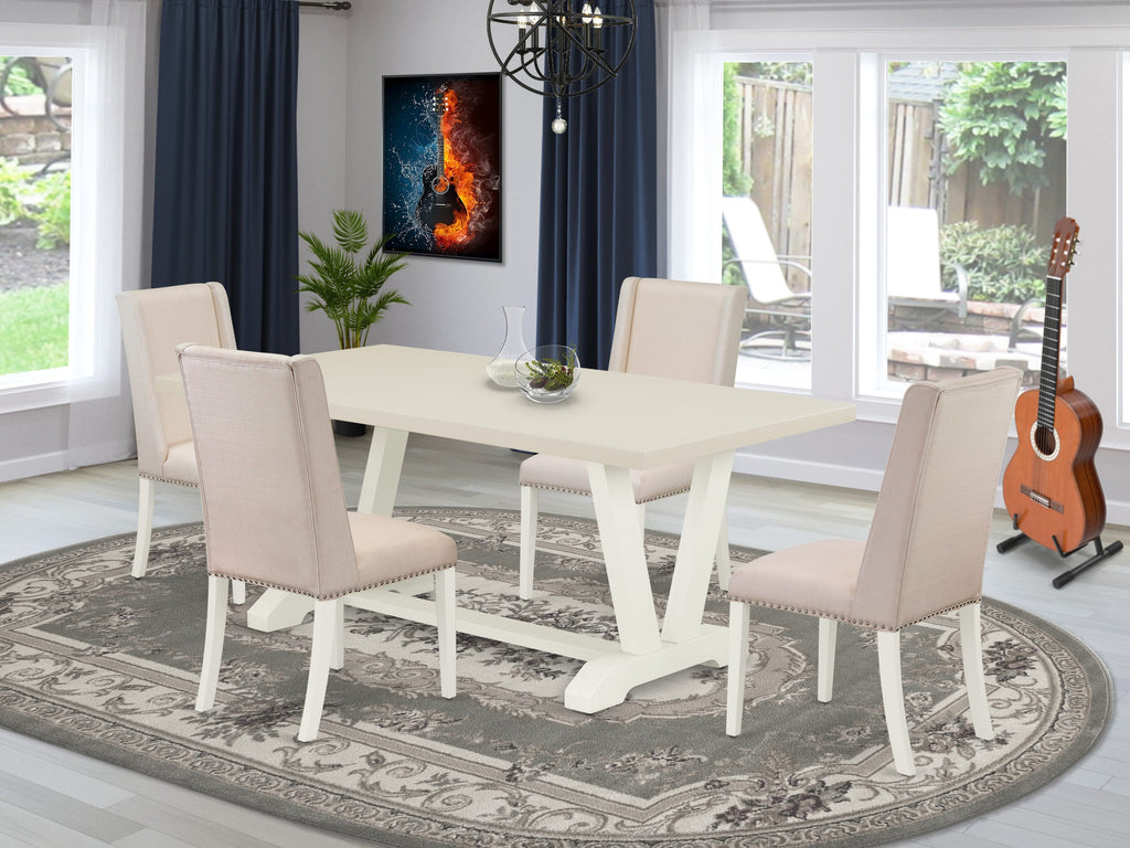 East West Furniture V027FL201-5 5 Piece Dining Room Furniture Set Includes a Rectangle Dining Table with V-Legs and 4 Cream Linen Fabric Parsons Chairs, 40x72 Inch, Multi-Color