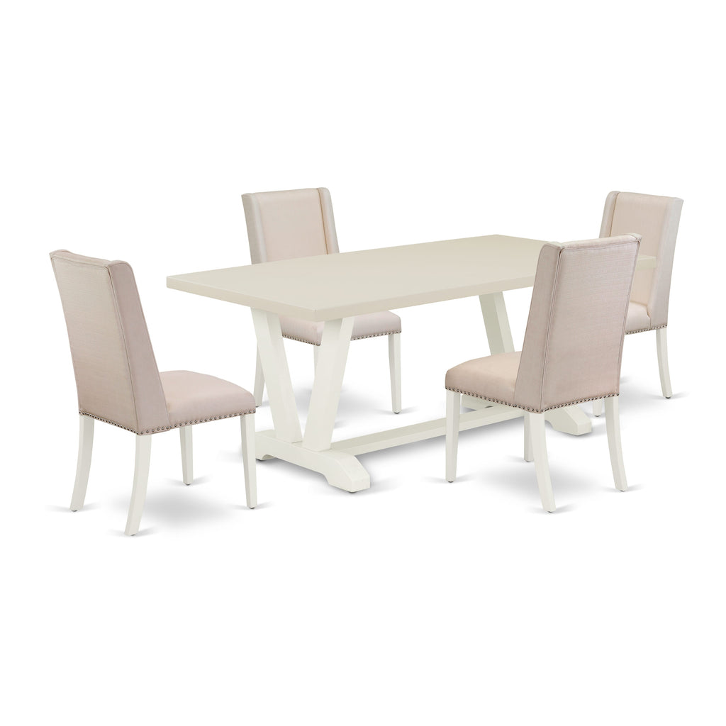 East West Furniture V027FL201-5 5 Piece Dining Room Furniture Set Includes a Rectangle Dining Table with V-Legs and 4 Cream Linen Fabric Parsons Chairs, 40x72 Inch, Multi-Color