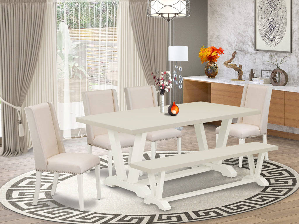 East West Furniture V027FL201-6 6 Piece Dining Room Set Contains a Rectangle Dining Table with V-Legs and 4 Cream Linen Fabric Parson Chairs with a Bench, 40x72 Inch, Multi-Color