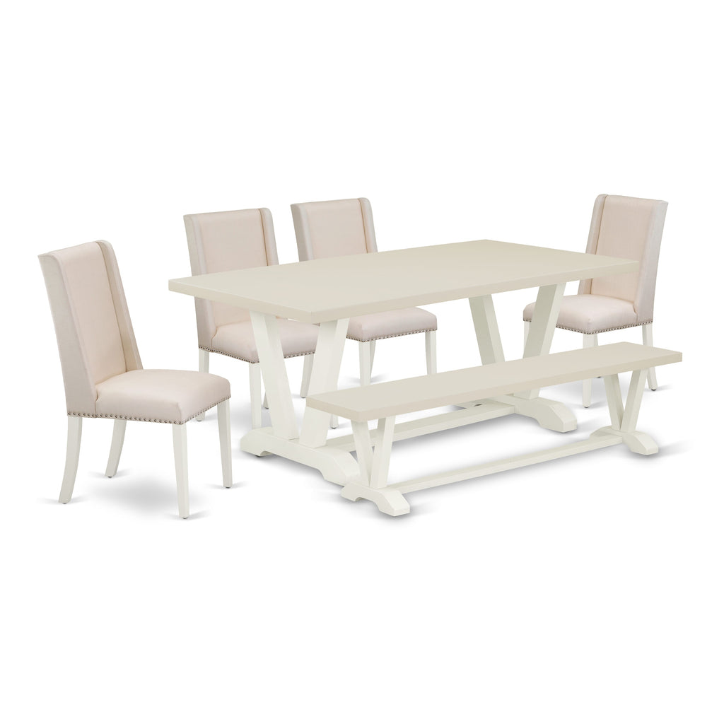 East West Furniture V027FL201-6 6 Piece Dining Room Set Contains a Rectangle Dining Table with V-Legs and 4 Cream Linen Fabric Parson Chairs with a Bench, 40x72 Inch, Multi-Color