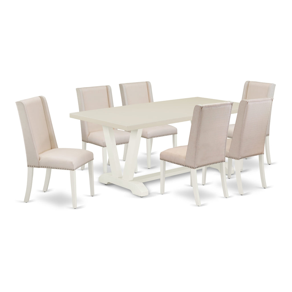 East West Furniture V027FL201-7 7 Piece Dining Table Set Consist of a Rectangle Kitchen Table with V-Legs and 6 Cream Linen Fabric Parson Dining Room Chairs, 40x72 Inch, Multi-Color