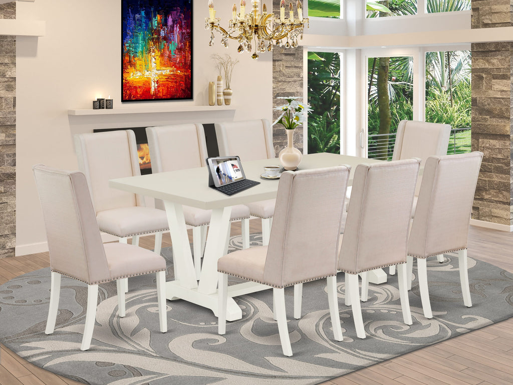 East West Furniture V027FL201-9 9 Piece Dining Room Table Set Includes a Rectangle Dining Table with V-Legs and 8 Cream Linen Fabric Upholstered Parson Chairs, 40x72 Inch, Multi-Color