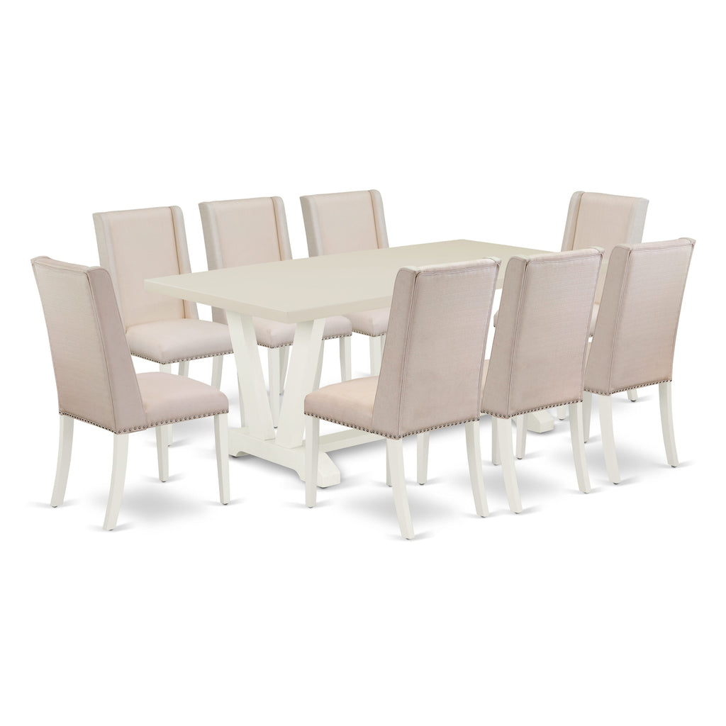 East West Furniture V027FL201-9 9 Piece Dining Room Table Set Includes a Rectangle Dining Table with V-Legs and 8 Cream Linen Fabric Upholstered Parson Chairs, 40x72 Inch, Multi-Color