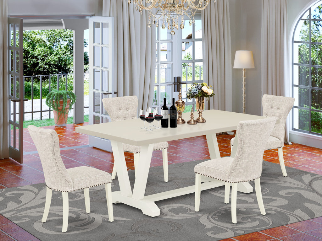 East West Furniture V027GA235-5 5 Piece Dining Set Includes a Rectangle Dining Room Table with V-Legs and 4 Doeskin Linen Fabric Upholstered Parson Chairs, 40x72 Inch, Multi-Color