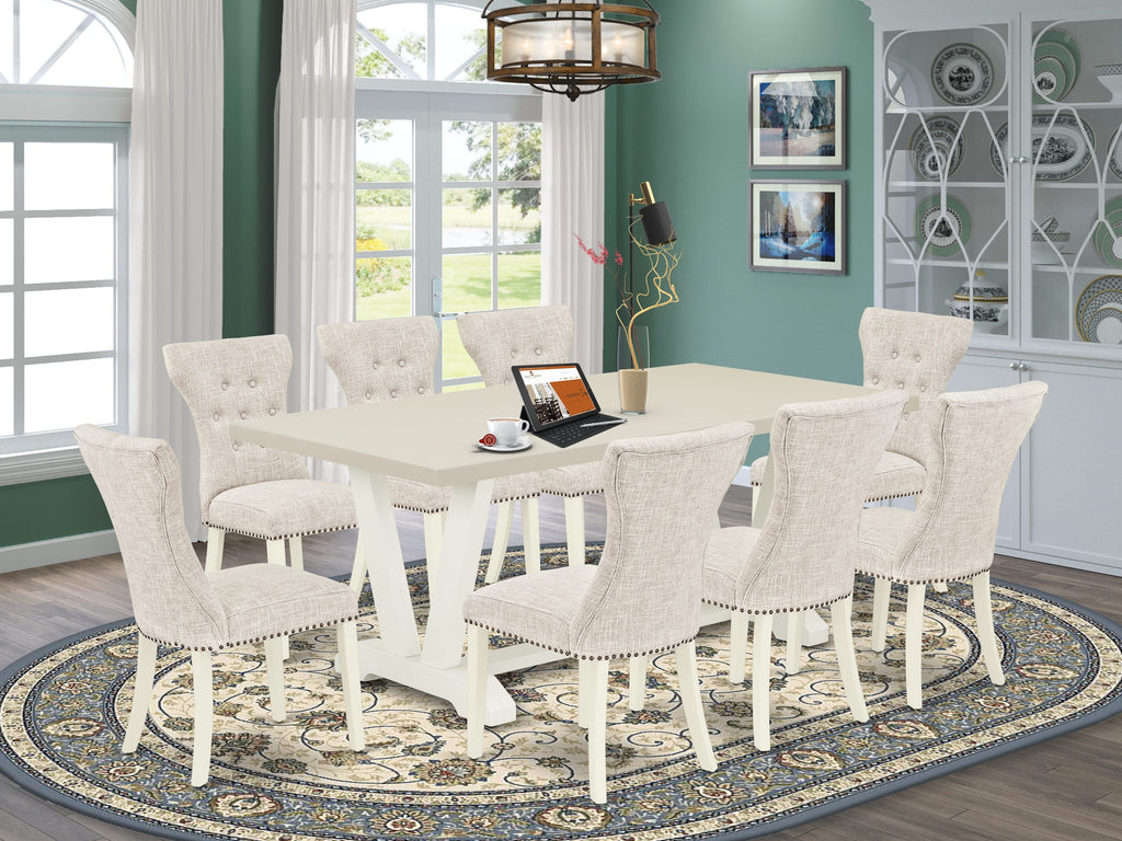 East West Furniture V027GA235-9 9 Piece Dining Table Set Includes a Rectangle Dining Room Table with V-Legs and 8 Doeskin Linen Fabric Upholstered Chairs, 40x72 Inch, Multi-Color