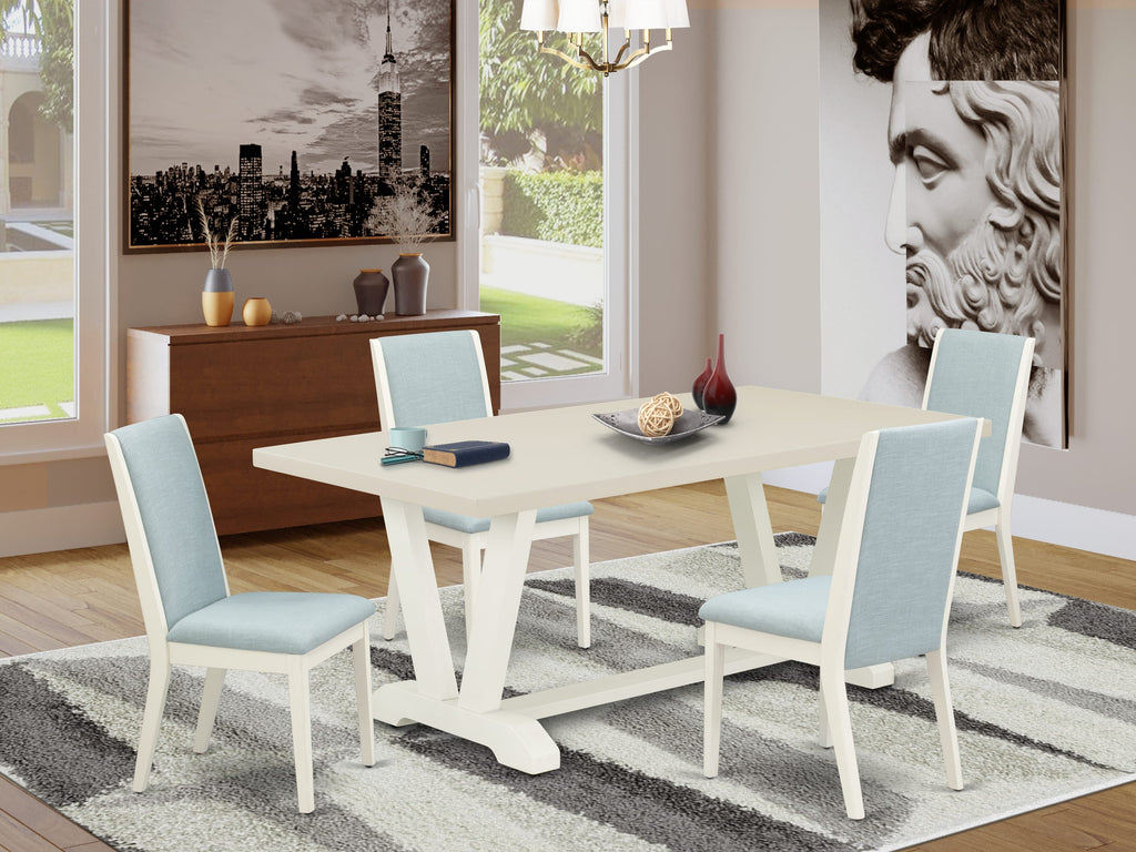 East West Furniture V027LA015-5 5 Piece Dining Room Table Set Includes a Rectangle Kitchen Table with V-Legs and 4 Baby Blue Linen Fabric Parson Dining Chairs, 40x72 Inch, Multi-Color