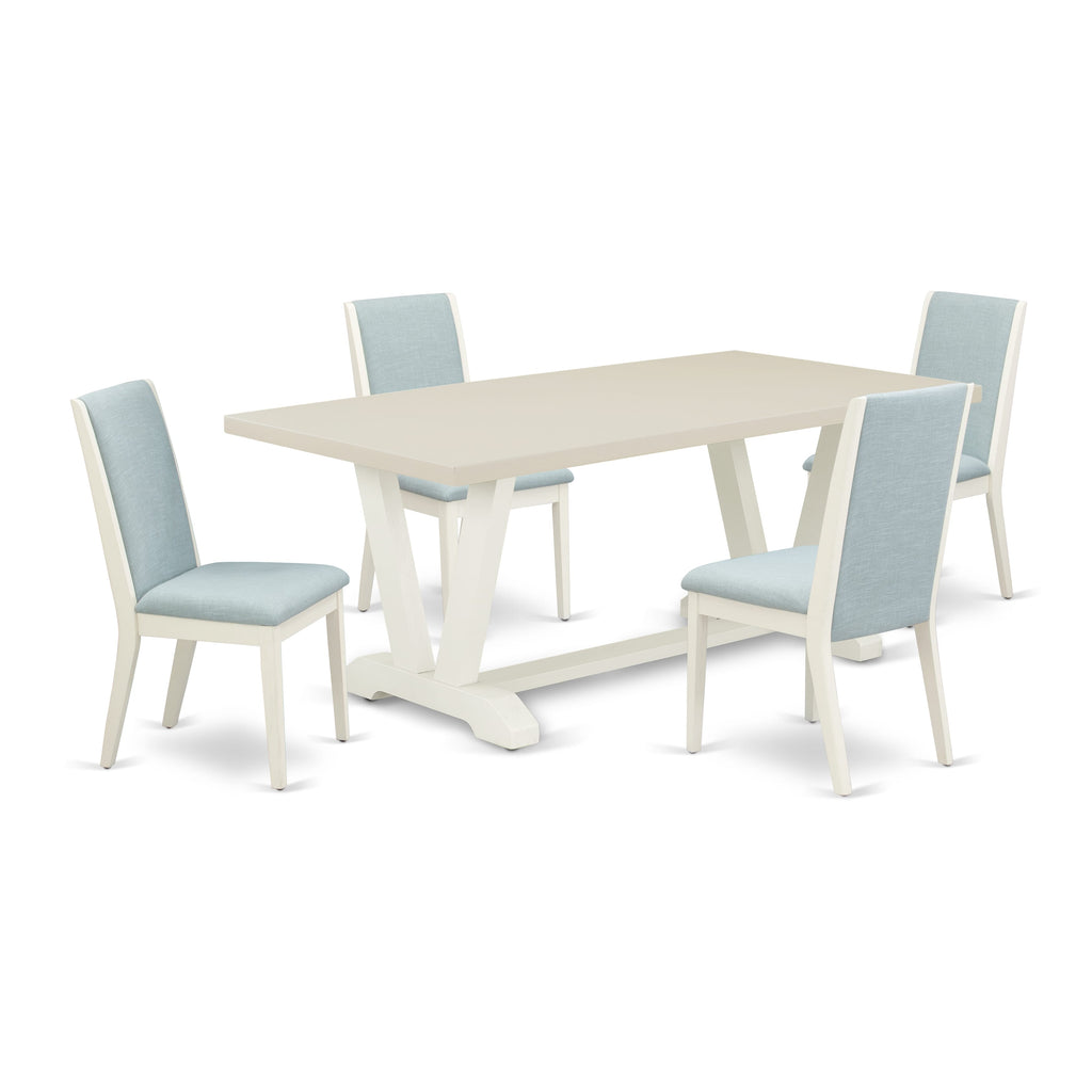 East West Furniture V027LA015-5 5 Piece Dining Room Table Set Includes a Rectangle Kitchen Table with V-Legs and 4 Baby Blue Linen Fabric Parson Dining Chairs, 40x72 Inch, Multi-Color