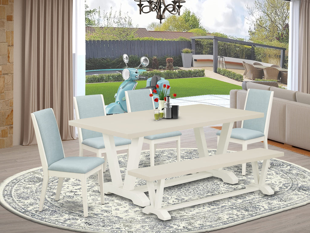 East West Furniture V027LA015-6 6 Piece Dining Room Set Contains a Rectangle Dining Table with V-Legs and 4 Baby Blue Linen Fabric Parson Chairs with a Bench, 40x72 Inch, Multi-Color