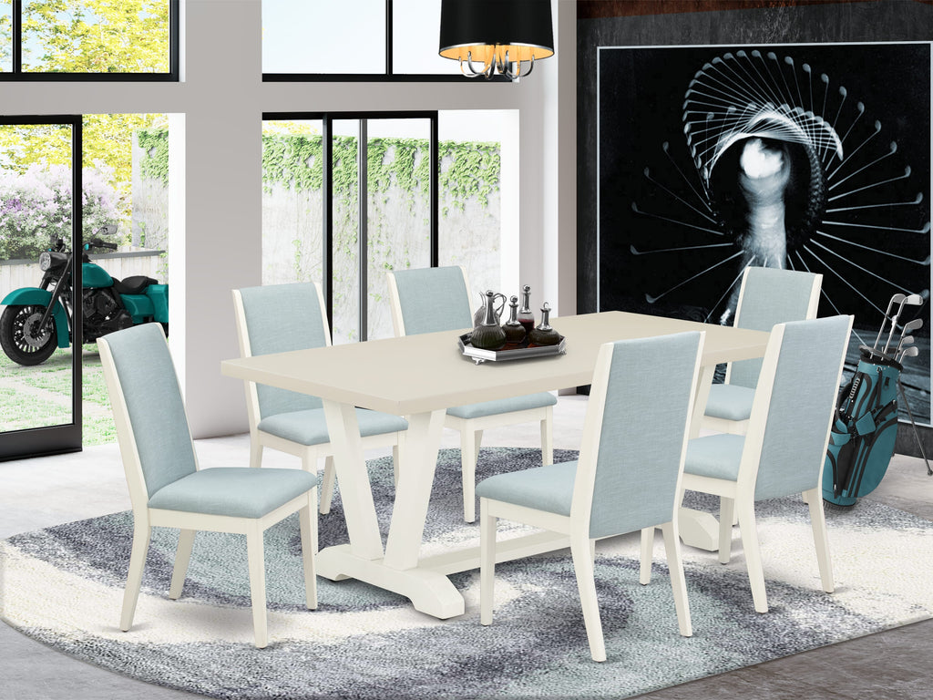 East West Furniture V027LA015-7 7 Piece Dining Table Set Consist of a Rectangle Dining Room Table with V-Legs and 6 Baby Blue Linen Fabric Parsons Chairs, 40x72 Inch, Multi-Color