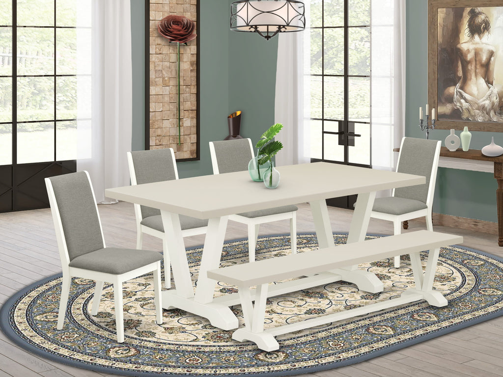 East West Furniture V027LA206-6 6 Piece Dining Set Contains a Rectangle Dining Room Table with V-Legs and 4 Shitake Linen Fabric Parson Chairs with a Bench, 40x72 Inch, Multi-Color