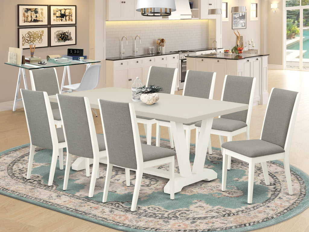 East West Furniture V027LA206-9 9 Piece Dining Room Table Set Includes a Rectangle Kitchen Table with V-Legs and 8 Shitake Linen Fabric Parson Dining Chairs, 40x72 Inch, Multi-Color
