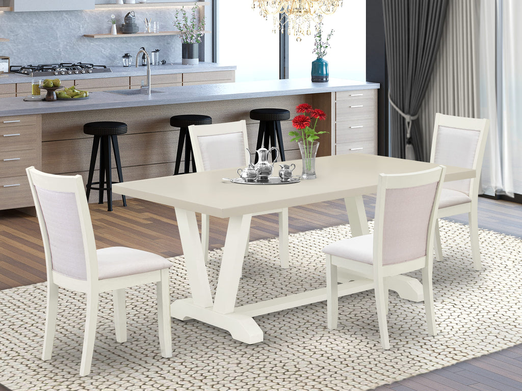 East West Furniture V027MZ001-5 5 Piece Dining Room Furniture Set Includes a Rectangle Dining Table with V-Legs and 4 Cream Linen Fabric Parsons Chairs, 40x72 Inch, Multi-Color