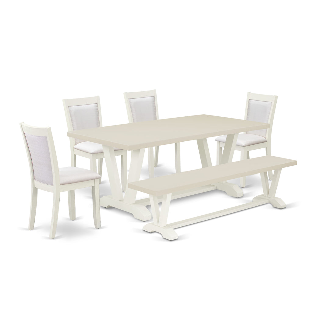 East West Furniture V027MZ001-6 6 Piece Dining Set Contains a Rectangle Dining Room Table with V-Legs and 4 Cream Linen Fabric Upholstered Chairs with a Bench, 40x72 Inch, Multi-Color