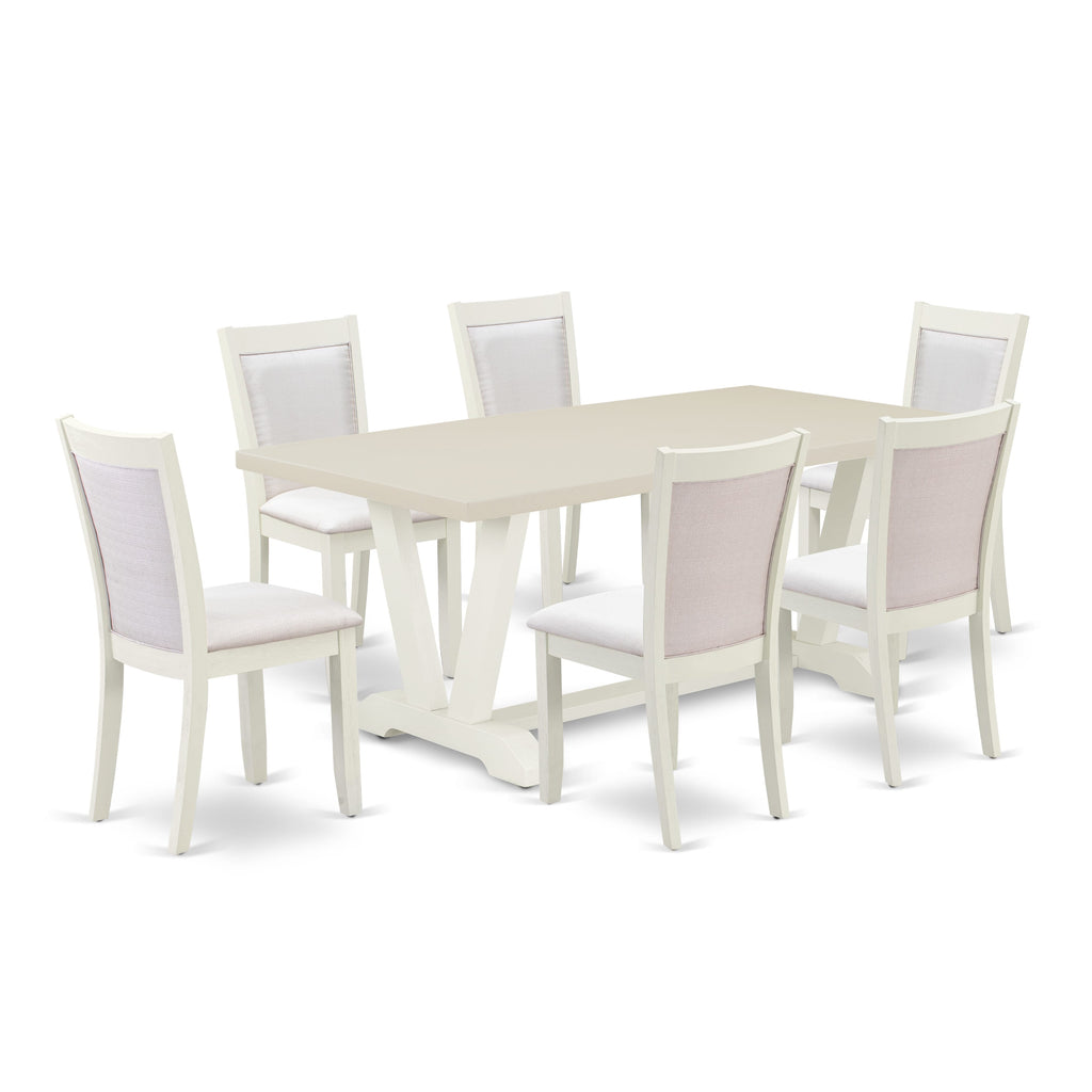East West Furniture V027MZ001-7 7 Piece Dining Set Consist of a Rectangle Dining Room Table with V-Legs and 6 Cream Linen Fabric Upholstered Parson Chairs, 40x72 Inch, Multi-Color